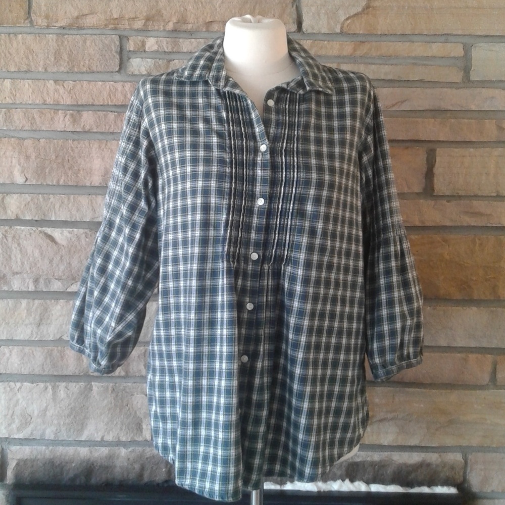 Gap Green Blue Plaid Flannel Blouse